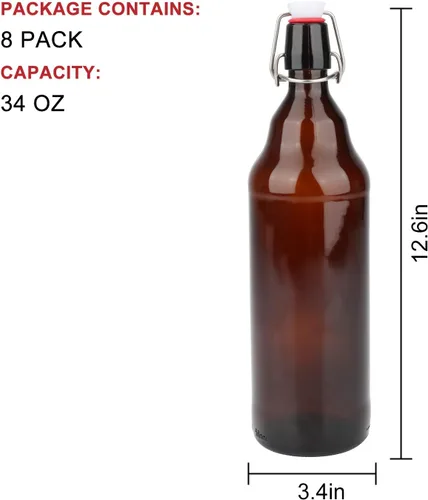 Vista 2 de Botellas de vidrio, botella de almacenamiento de vidrio marrón recargable con tapas abatibles, botellas de cierre de hierro ámbar con calcomanías