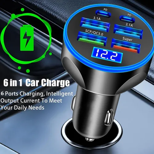 Vista 14 de Adaptador De Carga Súper Rápida USB C Para Coche Y Teléfono 6 En 1 Con Pantalla De Voltaje 250W Carga USB De Encendedor De Cigarrillos De Múltiples