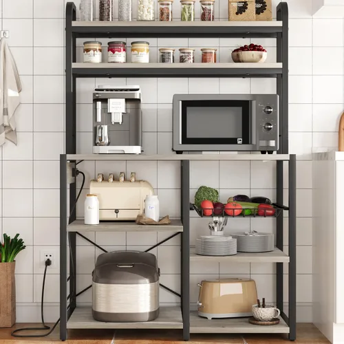 Vista 9 de GAOMON Estante para panaderos con toma de corriente, estante de cocina con cesta de alambre, soporte para microondas con grandes estantes