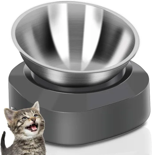Vista 8 de Tazón de comida para gatos de acero inoxidable AYADA, diseño ergonómico de 15 ángulos, reduce el vómito