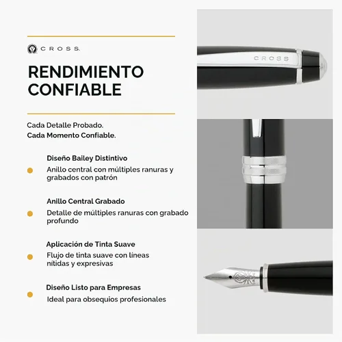 Vista 4 de Cross Bailey Pluma Fuente Recargable Presentada en una Caja de Regalo Premium - Punta Media, Tinta Negra, Negro Fountain Pen for Effortless