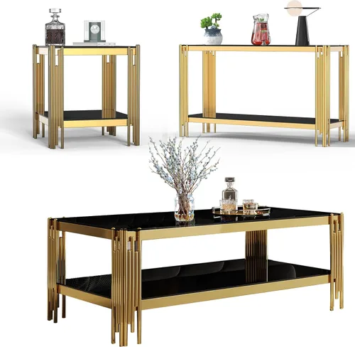 Vista 32 de Mesa auxiliar rectangular de vidrio de 48 pulgadas, mesa de centro de 2 niveles con parte superior de vidrio templado negro, patas de acero