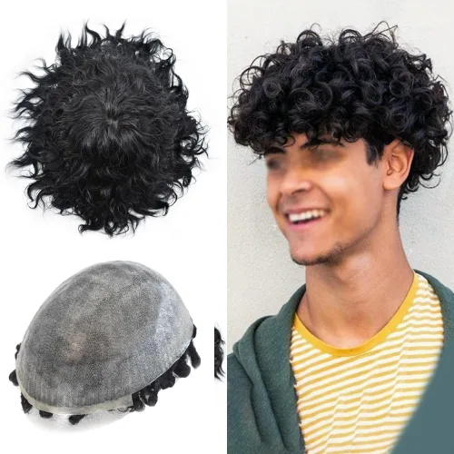 Vista 11 de Afro Toupee para hombres negros unidad de cabello humano para hombres negros postizo PU Ingección Afro Mens Toupee 4MM onda #1 negro azabache