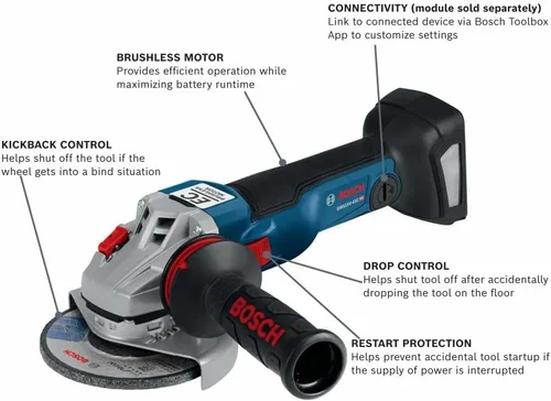 Vista 2 de Bosch GWS18V-45CN 18 V EC Sin Escobillas Conectado Listo 4-1/2 In. Amoladora angular (herramienta desnuda)