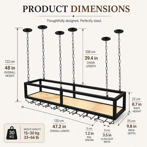 Vista 2 de Estante de techo para copas de vino, estante colgante para vino con soporte para vidrio y estante, soporte para botellas de vino colgante industrial