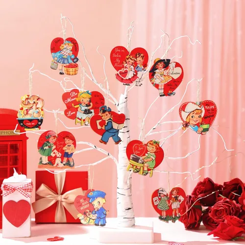 Vista 7 de BBTO 36 adornos de madera para el día de San Valentín, decoración retro para árbol de San Valentín, forma de corazón rojo, recortes de madera