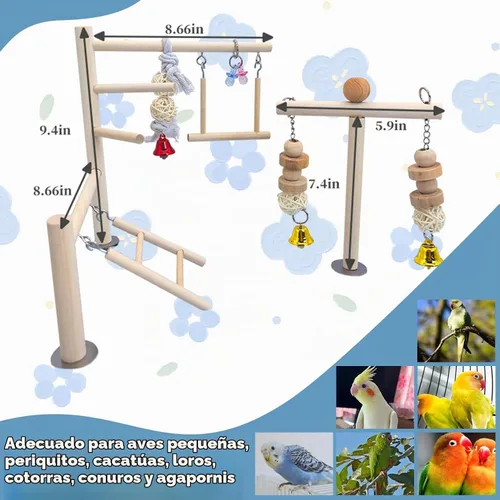 Vista 5 de PINVNBY Parque infantil para pájaros, loro, gimnasio, periquitos, jaula de juego, soporte de madera, perchas, corralito, escalar, juguete