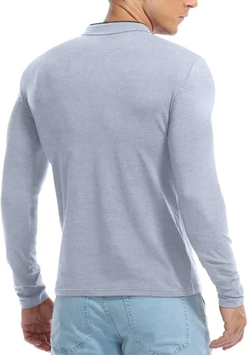 Vista 5 de KUYIGO Camisas de manga larga estilo polo para hombre, estilo informal, cuello mandarín, ajustadas, de algodón
