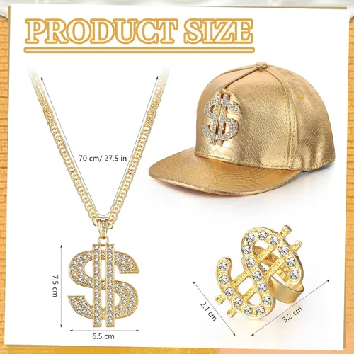 Vista 2 de MTLEE Kit de disfraz de hip hop de los años 80 y 90, accesorios de rapero de Halloween, collar, signo de dólar, anillo de dólar, sombrero