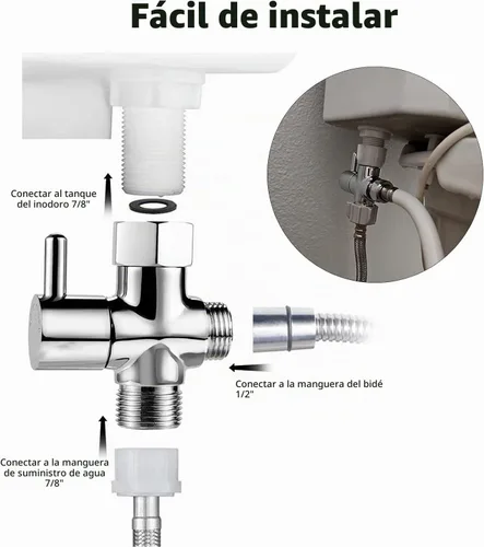 Vista 3 de Adaptador de bidé T con válvula de cierre: Válvula T de latón de 3 vías para bidé 7/8 "x 7/8" X 1/2" - Conector en T a prueba de fugas Ajuste