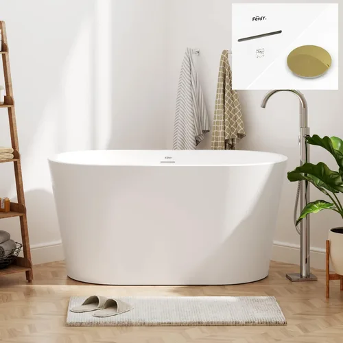 Vista 12 de FerdY 47" Bali - Bañera de acrílico independiente, bañera de inmersión independiente con forma elegante, certificada cUPC, drenaje de níquel Drenaje