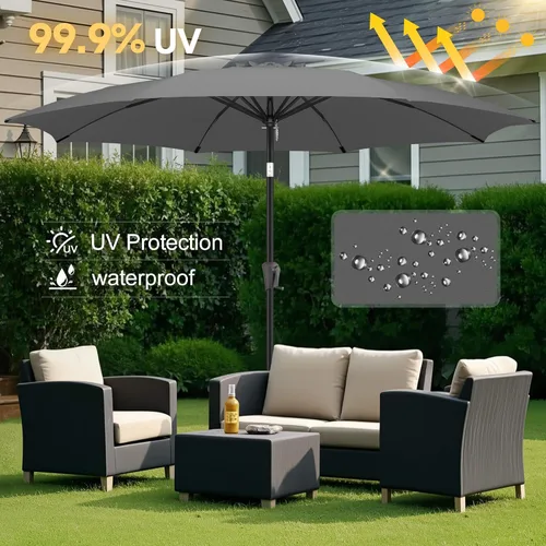 Vista 2 de FLAME&SHADE Sombrilla de patio de 11 pies, sombrilla de mesa para exteriores con botón de inclinación y manivela, protección UV, 8 varillas