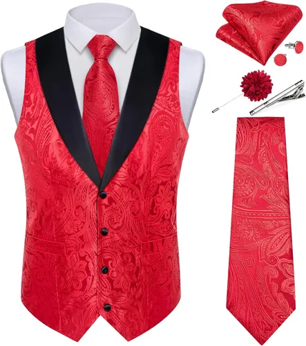 Vista 17 de DiBanGu Chaleco de traje de cachemira para hombre, chaleco jacquard de seda y corbata, chaleco formal de cuello de chal, 7 piezas para fiesta