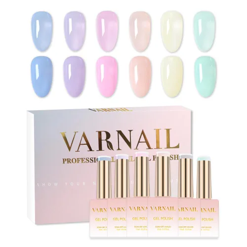 Vista 9 de VARNAIL Rainbow Candy Jelly - Kit de esmalte de uñas de gel de 6 colores y capa base de regalo, kit de esmalte de gel transparente arcoíris