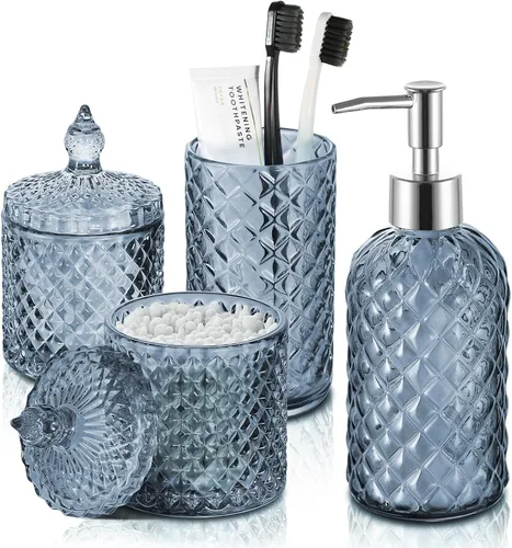 Vista 10 de RYTOXILO Juego de accesorios de baño negro mate, paquete de 4 juegos de accesorios de baño negros, dispensador de jabón de vidrio de diamante