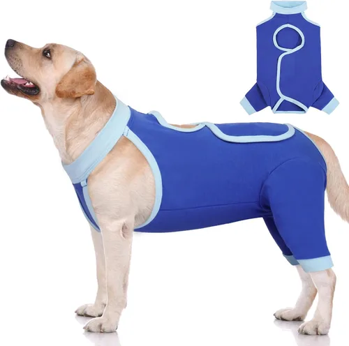 Vista 15 de ROZKITCH Manga de pierna para cirugía para perros, piernas traseras, macho y hembra para evitar lamer heridas, codo, rodillera, traje de Azul