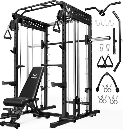 Vista 20 de JELENS M21 - Máquina Smith, jaula de potencia multifunción con sistema de cruce de cable de polea doble, banco de sentadillas todo en uno de 907 kg
