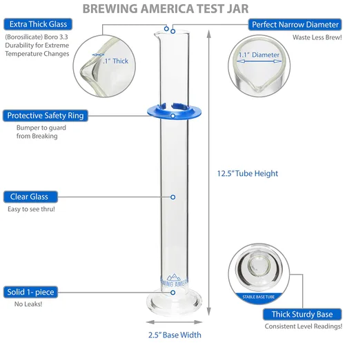 Vista 3 de Tarro de tubo de ensayo de hidrómetro de vidrio y cepillo cilíndrico – Frasco estrecho para alcohol por prueba de volumen – Moonshine, cerveza