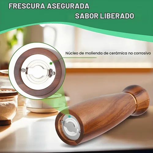 Vista 4 de Juego de molinillo de sal y pimienta de madera de acacia con base, molinillo de pimienta manual de 8 pulgadas con grosor ajustable, juego de 2