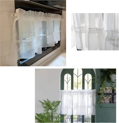 Vista 6 de Cortina de gasa para cocina, cortinas cortas estilo rústico para ventanas pequeñas, cocina, dormitorio, sala de estar, cortinas románticas blancas