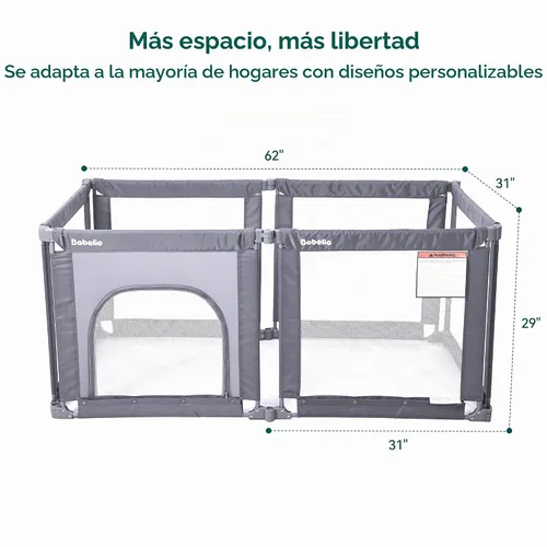 Vista 4 de Babelio Corralito Montable en Pared, Corralito Plegable para Bebés y Niños Pequeños - Forma y Área Ajustables, Corralito de 62 * 31" con Puerta