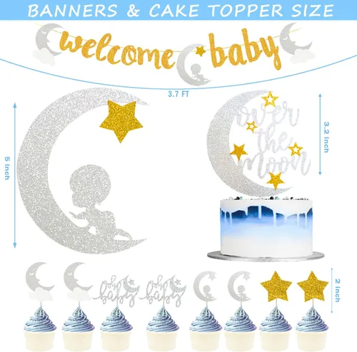 Vista 3 de 154 piezas de decoración de baby shower sobre la luna, Fiesec We Are Over The Moon Baby Shower, decoración de telón de fondo de globos, guirnalda