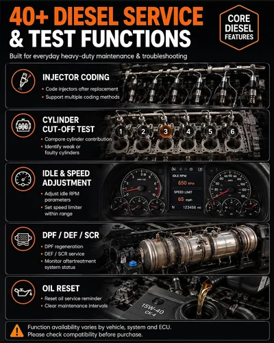 Vista 11 de ANCEL V6HD - Escáner de camión resistente con pruebas bidireccionales, regen DPF, DEF/SCR, codificación de inyector, corte de cilindro, reinicio