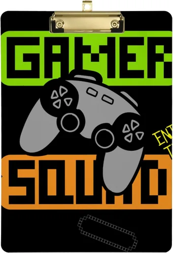 Vista 2 de Yasala Portapapeles acrílico Gamer Squad Joystick controlador de videojuegos tamaño carta A4 tablero de clip estándar con clip de perfil bajo