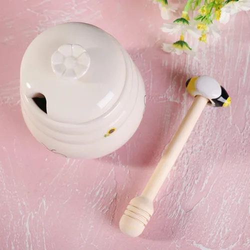 Vista 5 de Tarro de Miel Cerámico con Cuchara de Miel de Madera - Tarro de Miel con Cuchara - Tarro de Miel con Soporte, Gran Decoración de Abeja - Decoración