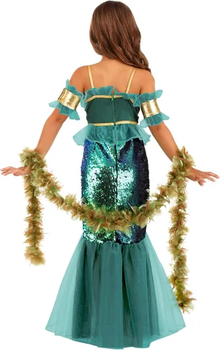 Vista 4 de Mystical Girl - Disfraz de sirena de mar, vestido de lentejuelas de sirena, traje inspirado en el océano para Halloween