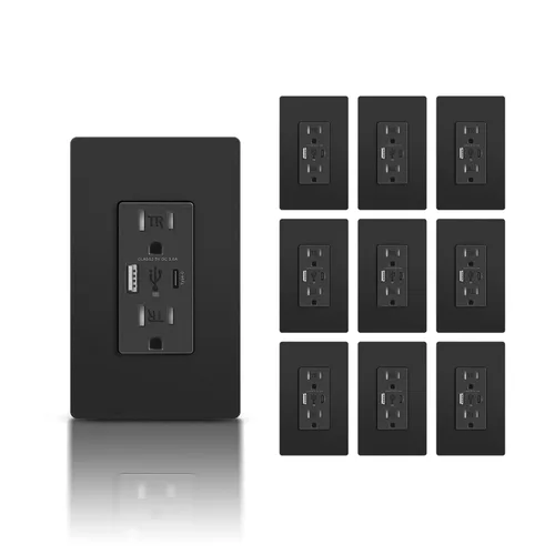 Vista 17 de TOPELER Toma de pared USB, receptáculo de cargador USB de 4.8 A con puertos tipo A y tipo C, enchufe dúplex de 15 amperios resistente a