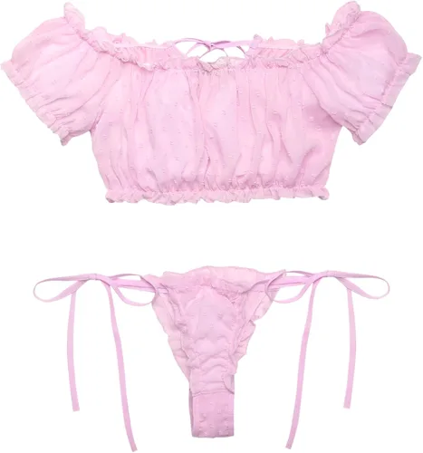 Vista 3 de Avidlove - Conjunto de brasier y braga con volantes, conjunto de lencería tipo babydoll de malla