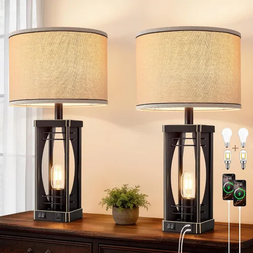 Vista 10 de SRJJA Juego de 2 lámparas de mesa de granja para sala de estar, lámparas rústicas de mesita de noche con puertos de carga USB A+C, lámpara de noche