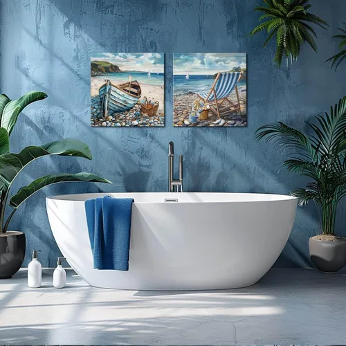 Vista 5 de Decoración de baño, arte de pared de playa, tema oceánico, imagen azul, impresión en lienzo, obra de arte costera moderna, enmarcada para colgar