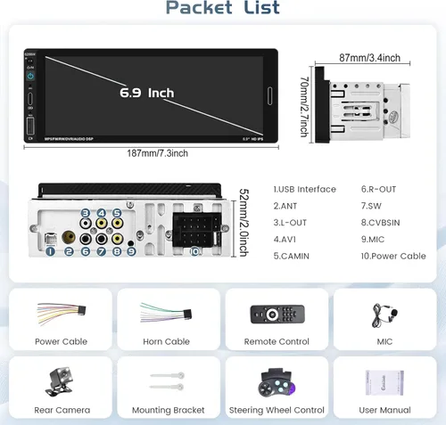 Vista 8 de Radio de coche de un solo DIN estéreo con Apple Carplay Android Auto, pantalla táctil HD de 6.9 pulgadas, receptor Bluetooth, enlace de espejo