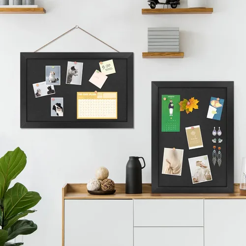 Vista 2 de AKTOP - Juego de 2 pizarras de corcho negro con lino de 16.7" X 11", pequeño tablero de anuncios con marco para pared, tablero decorativo