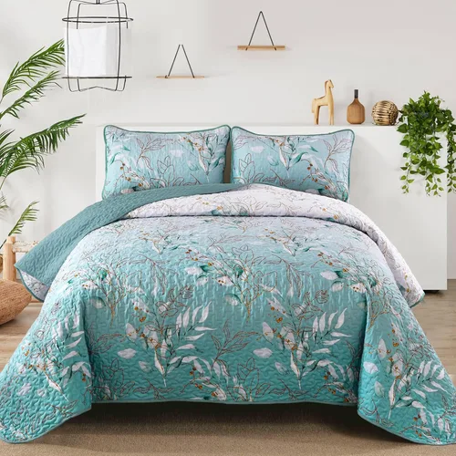 Vista 12 de Anibedding Juego de edredón botánico tamaño Full, 3 piezas reversible, elegante patrón de hojas azules, cubrecama colcha de microfibra suave