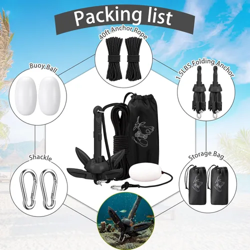 Vista 4 de Lounsweer Paquete de 2 anclajes de kayak marino de 1.5/3.5 libras, kit de anclaje plegable para barco, kayak, pesca, accesorios para botes pequeños