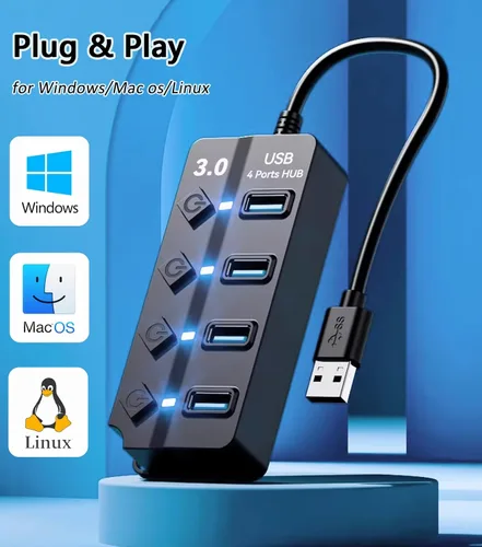 Vista 6 de Hub USB 3.0 con 4 puertos USB 3.0, extensor USB de alta velocidad de 5 Gbps con interruptor individual y luz indicadora LED, concentrador USB