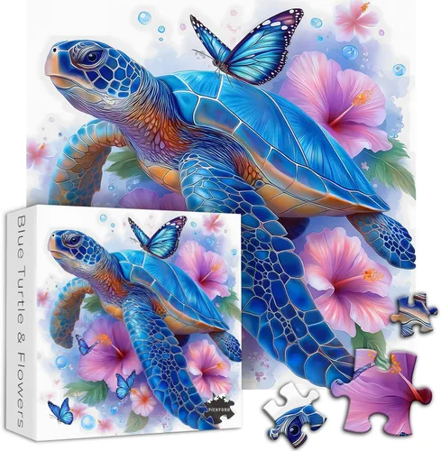 Vista 2 de Sea Turtle Puzzles for Adults 1000 Piece, PICKFORU Flower Animal Art Jigsaw Puzzles Nature, Unique Floral Butterfly Blue Turtle Puzzles for Adults