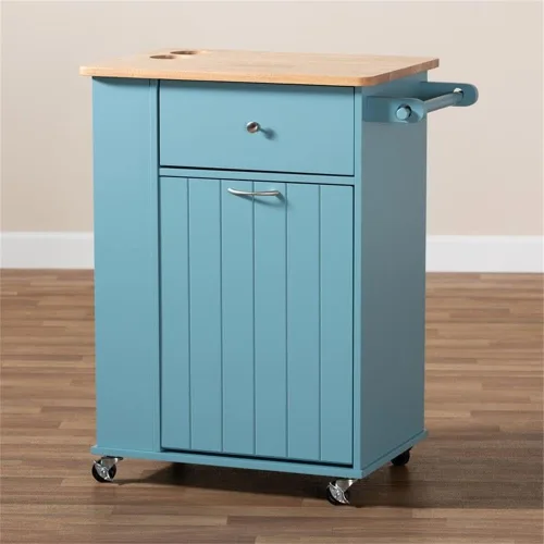 Vista 5 de Baxton Studio Liona - Carrito de almacenamiento de cocina de madera con acabado azul cielo moderno y contemporáneo