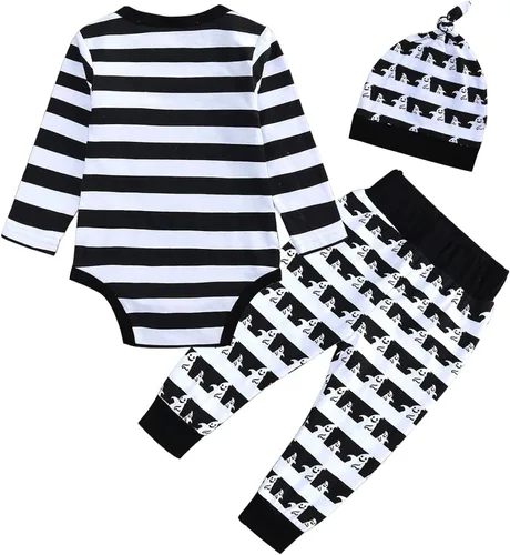 Vista 2 de Pezhiqun Disfraz de Halloween para bebé niño y niña, traje de cosplay para recién nacido, overol de esqueleto con estampado de calavera, regalo