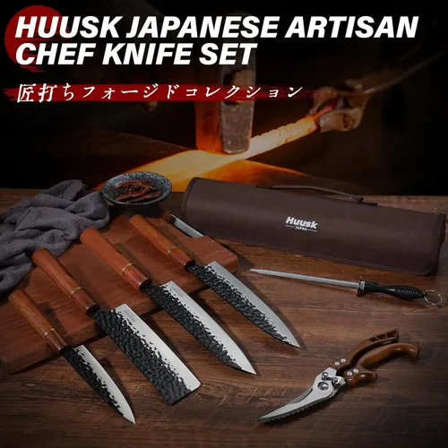 Vista 2 de Huusk Juego de cuchillos japoneses de 6 piezas con fundas - Juego de cuchillos de chef profesional con bolsa y afilador, juegos de cuchillos