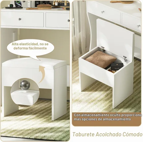 Vista 5 de Escritorio de maquillaje con espejo y luces, juego de mesa de tocador con 4 cajones de almacenamiento y estantes para espacios pequeños, tocador
