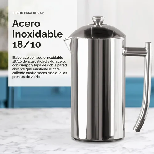 Vista 4 de Cafetera de prensa francesa Frieling - 23 oz, acero inoxidable de doble pared pulido - Prensa francesa aislada para acampar - Cafetera de café