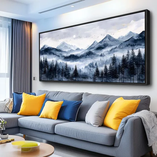 Vista 8 de ERQINHUA Arte de pared para sala de estar, lienzo decorativo de pared para dormitorio, oficina, decoración con árbol azul, paisaje junto al lago