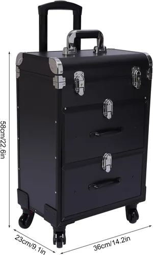 Vista 4 de Estuche de tren de maquillaje rodante de 3 capas, estuche de maquillaje profesional con ruedas y cerradura, estuche organizador de maquillaje