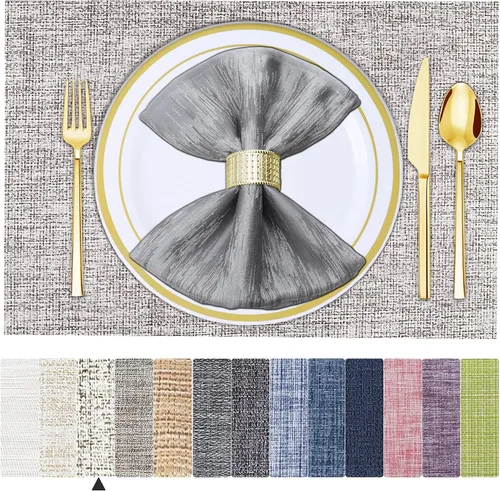 Vista 25 de BETEAM Juego de 4 manteles individuales de vinilo tejido para mesa de comedor, lavables, lavables, manteles individuales de cocina, duraderos