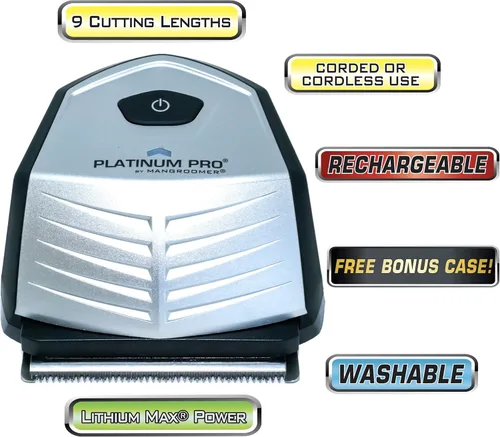 Vista 2 de MANGROOMER - Kit de corte automático de pelo Platino Pro y cortapelos avanzado con batería de litio máximo, 9 protectores de longitud y estuche