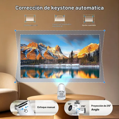 Vista 7 de Mini proyector con WiFi y Bluetooth, aplicaciones integradas, Keystone automático, rotación de 180°, soporte de 1080P/4K, proyector portátil Blanco